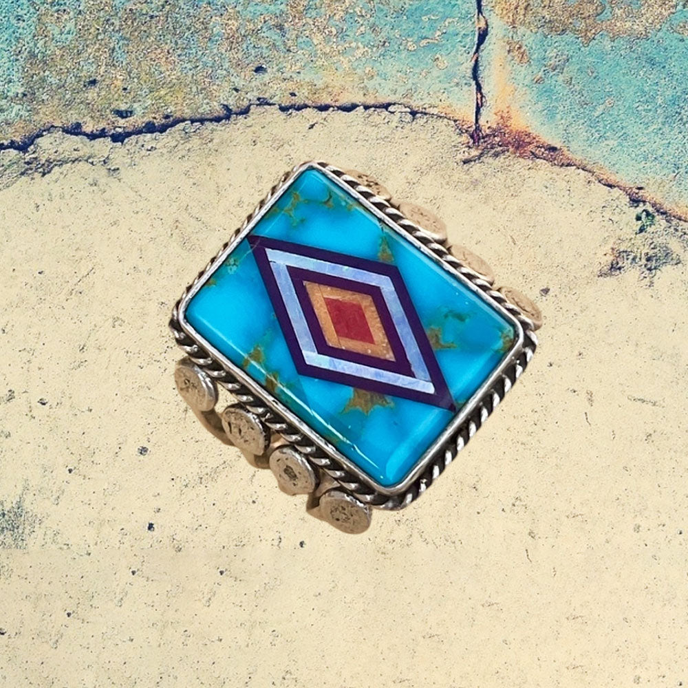 Sterling Silver Men's Large Rectangle Turquoise Inlay Ring